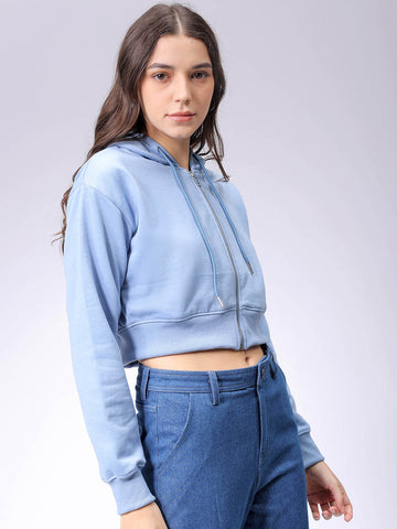 Women's Blue Relaxed Fit Solid Front Open Zipper Sweatshirt