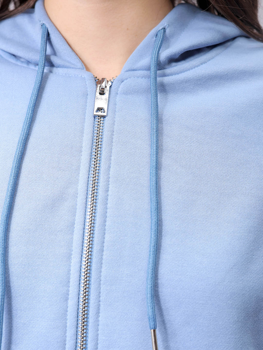 Women's Blue Relaxed Fit Solid Front Open Zipper Sweatshirt