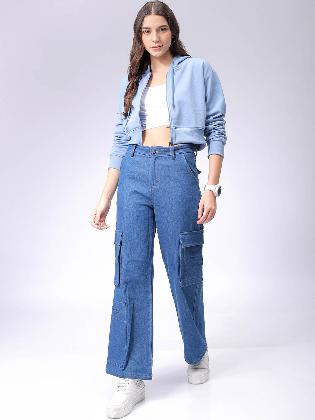 Women's Blue Relaxed Fit Solid Front Open Zipper Sweatshirt