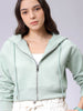 Women's Green Relaxed Fit Solid Front Open Zipper Sweatshirt