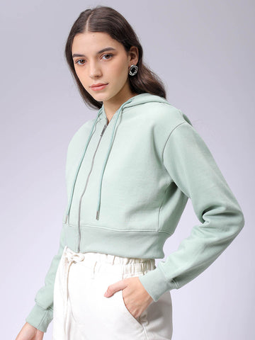 Women's Green Relaxed Fit Solid Front Open Zipper Sweatshirt