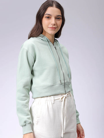 Women's Green Relaxed Fit Solid Front Open Zipper Sweatshirt