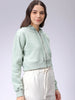 Women's Green Relaxed Fit Solid Front Open Zipper Sweatshirt