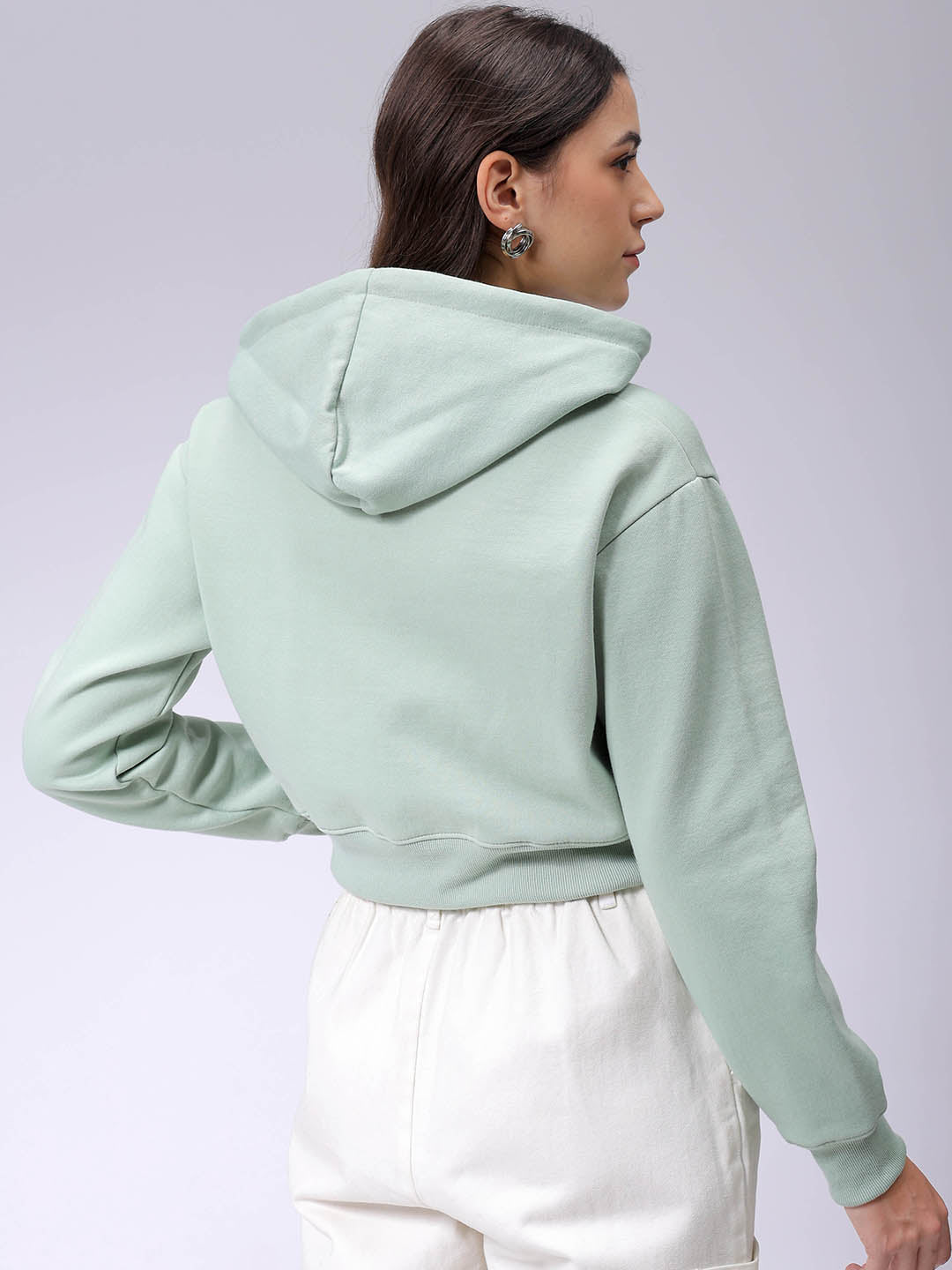 Women's Green Relaxed Fit Solid Front Open Zipper Sweatshirt