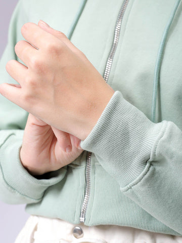 Women's Green Relaxed Fit Solid Front Open Zipper Sweatshirt