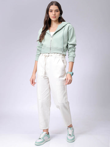 Women's Green Relaxed Fit Solid Front Open Zipper Sweatshirt