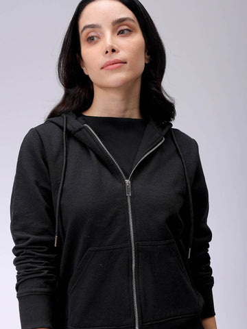 Women's Black Relaxed Fit Solid Front Open Zipper Sweatshirt