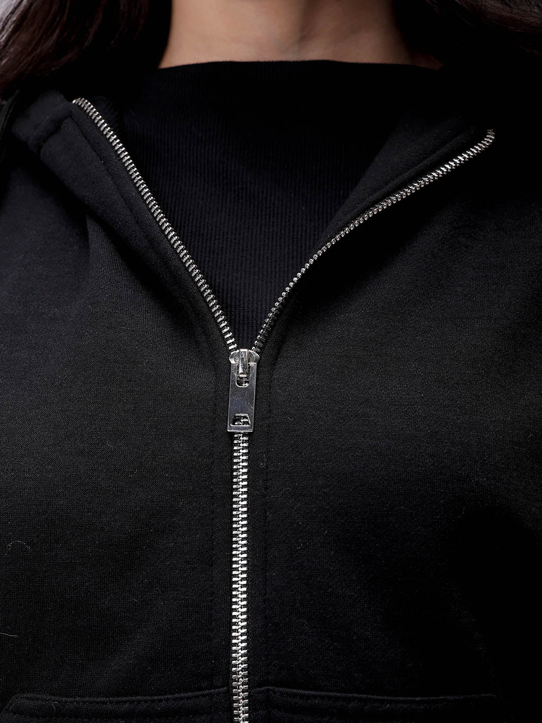 Women's Black Relaxed Fit Solid Front Open Zipper Sweatshirt