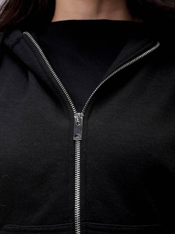 Women's Black Relaxed Fit Solid Front Open Zipper Sweatshirt