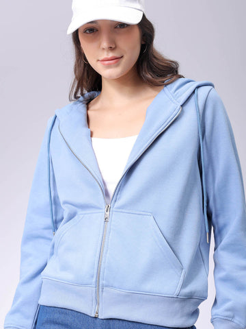 Women's Blue Relaxed Fit Solid Front Open Sweatshirt