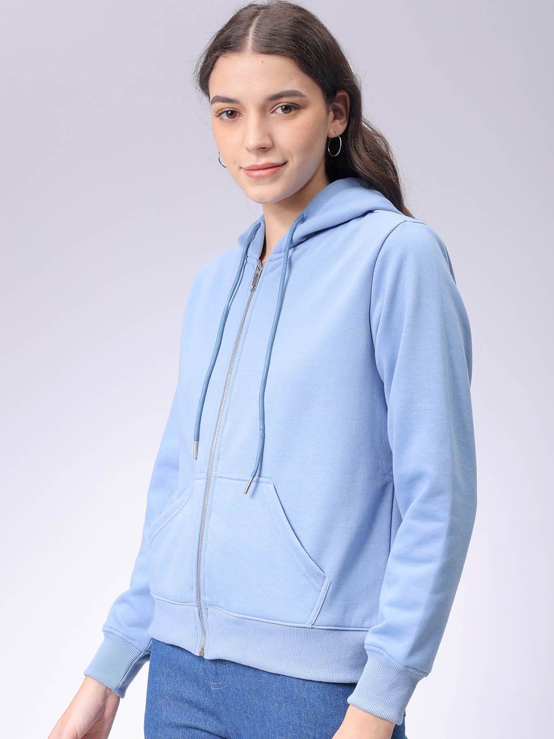 Women's Blue Relaxed Fit Solid Front Open Sweatshirt