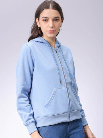 Women's Blue Relaxed Fit Solid Front Open Sweatshirt