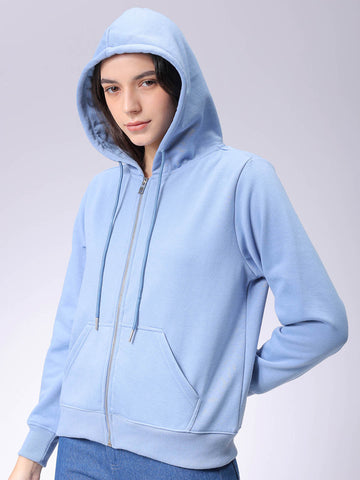 Women's Blue Relaxed Fit Solid Front Open Sweatshirt