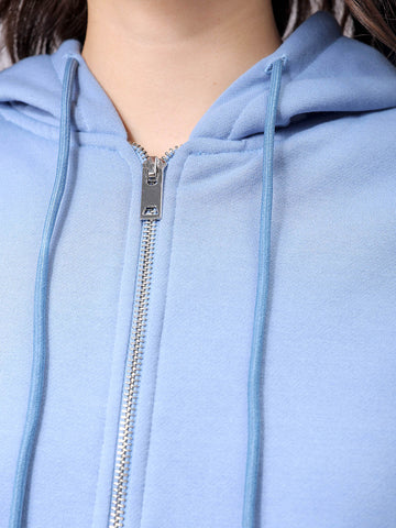 Women's Blue Relaxed Fit Solid Front Open Sweatshirt