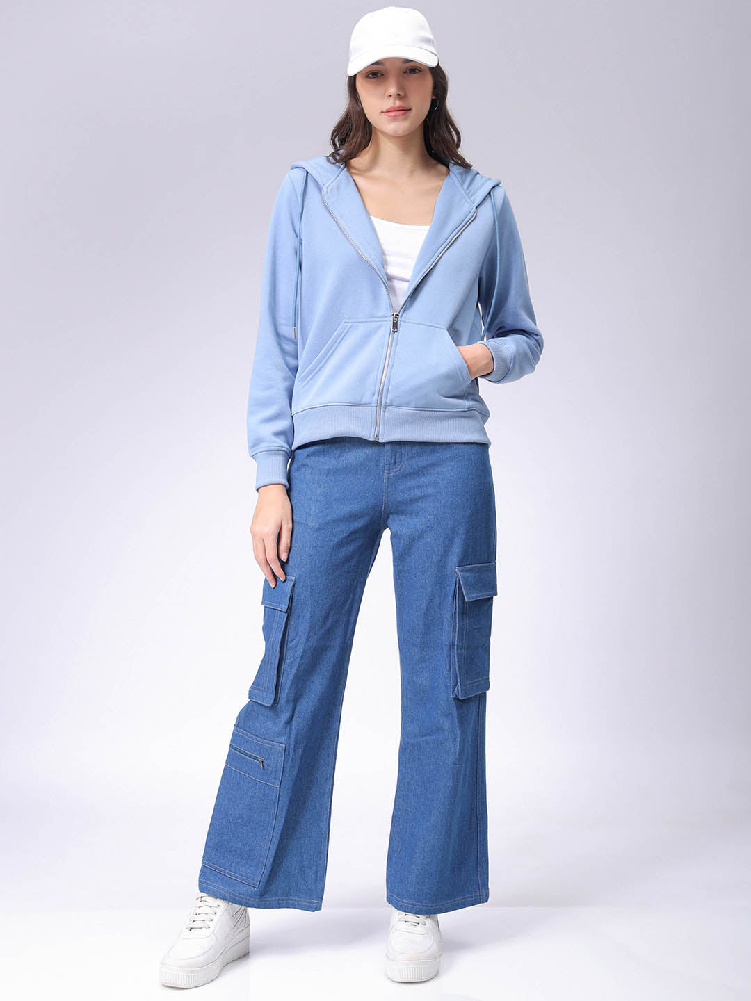 Women's Blue Relaxed Fit Solid Front Open Sweatshirt