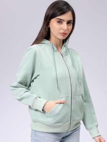 Women's Green Relaxed Fit Solid Front Open Sweatshirt
