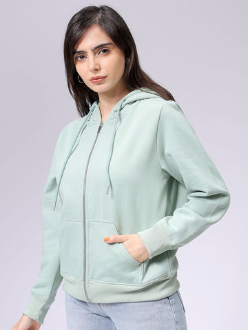 Women's Green Relaxed Fit Solid Front Open Sweatshirt