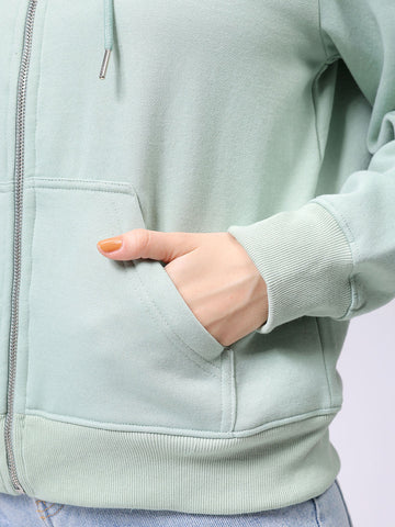 Women's Green Relaxed Fit Solid Front Open Sweatshirt