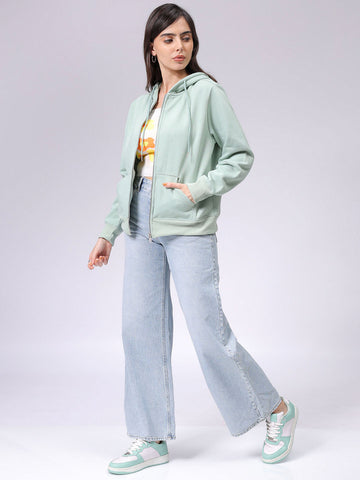 Women's Green Relaxed Fit Solid Front Open Sweatshirt