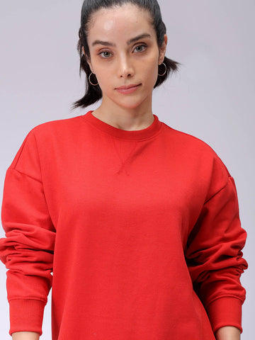 Women's Red Oversized Solid Sweatshirt