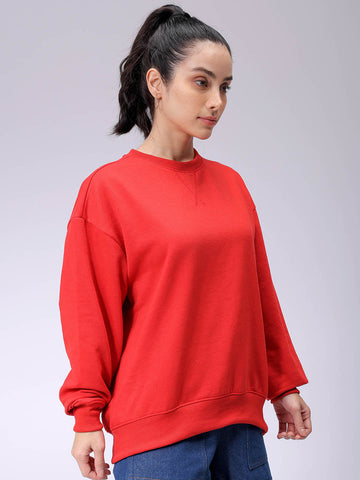 Women's Red Oversized Solid Sweatshirt