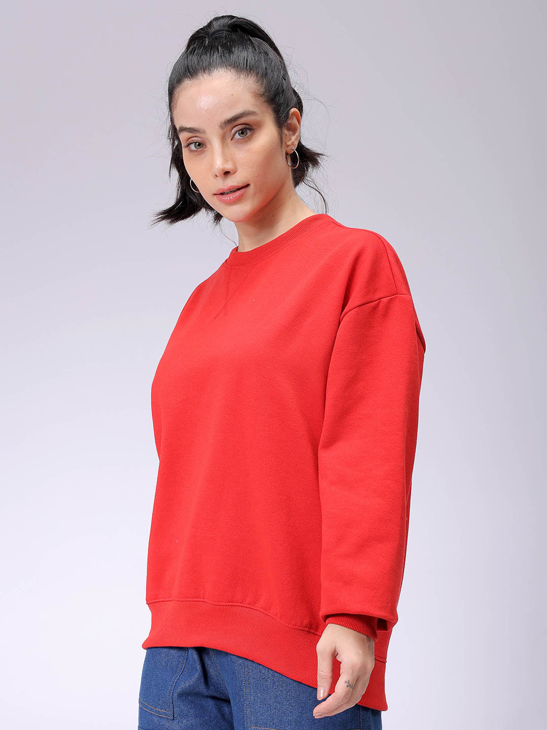 Women's Red Oversized Solid Sweatshirt