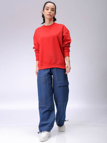 Women's Red Oversized Solid Sweatshirt