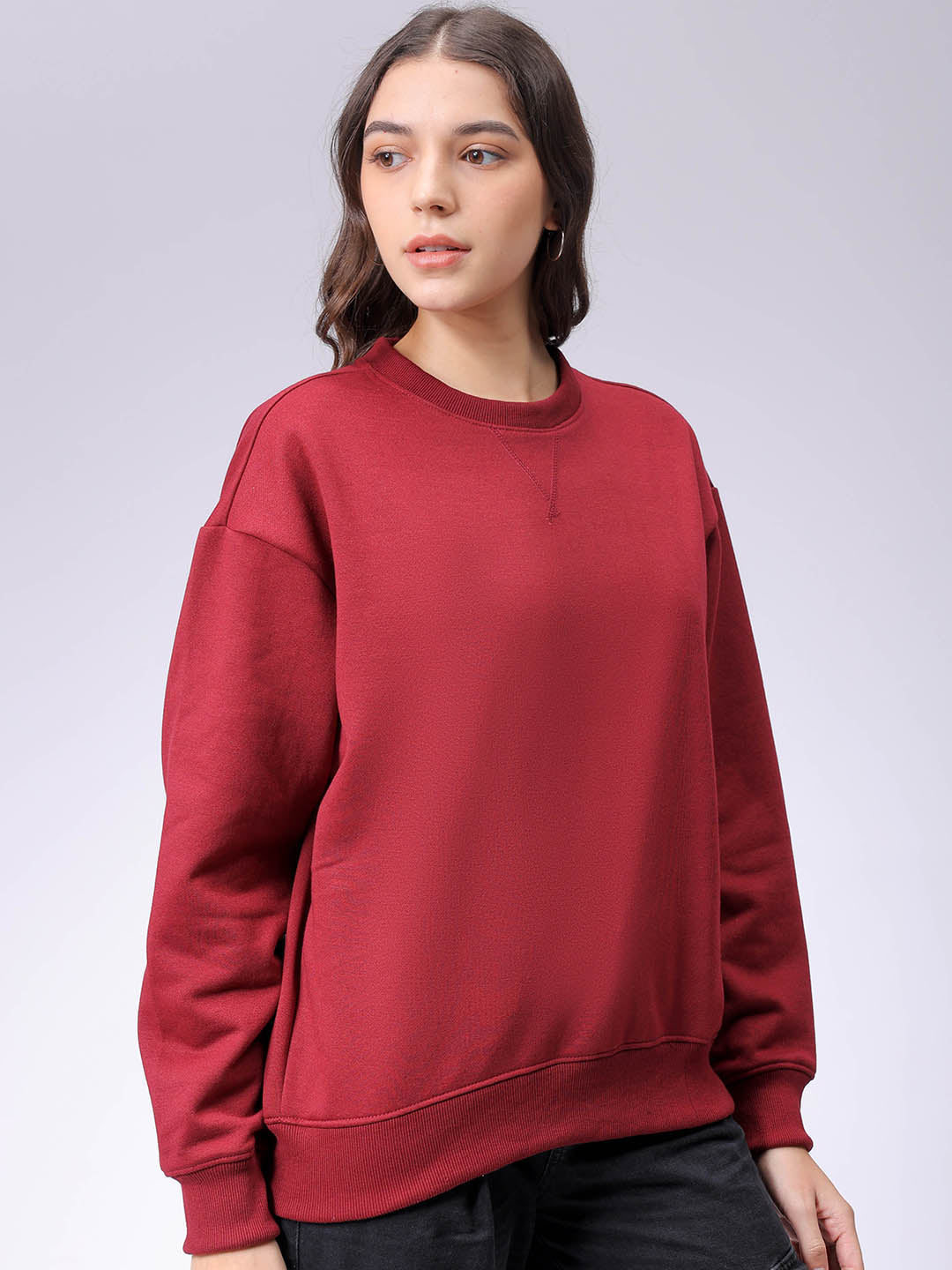Women's Drop Shoulder Solid Crew Neck Sweatshirt
