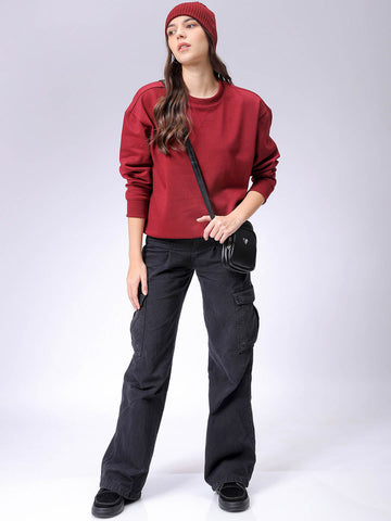 Women's Drop Shoulder Solid Crew Neck Sweatshirt