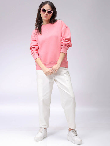 Women's Pink Boxy Solid Oversized Sweatshirt