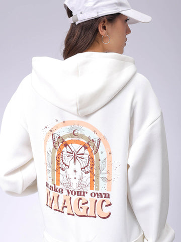 Women's White Boxy Fit Graphic Hooded Sweatshirt