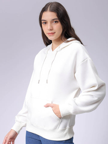 Women's White Boxy Fit Graphic Hooded Sweatshirt