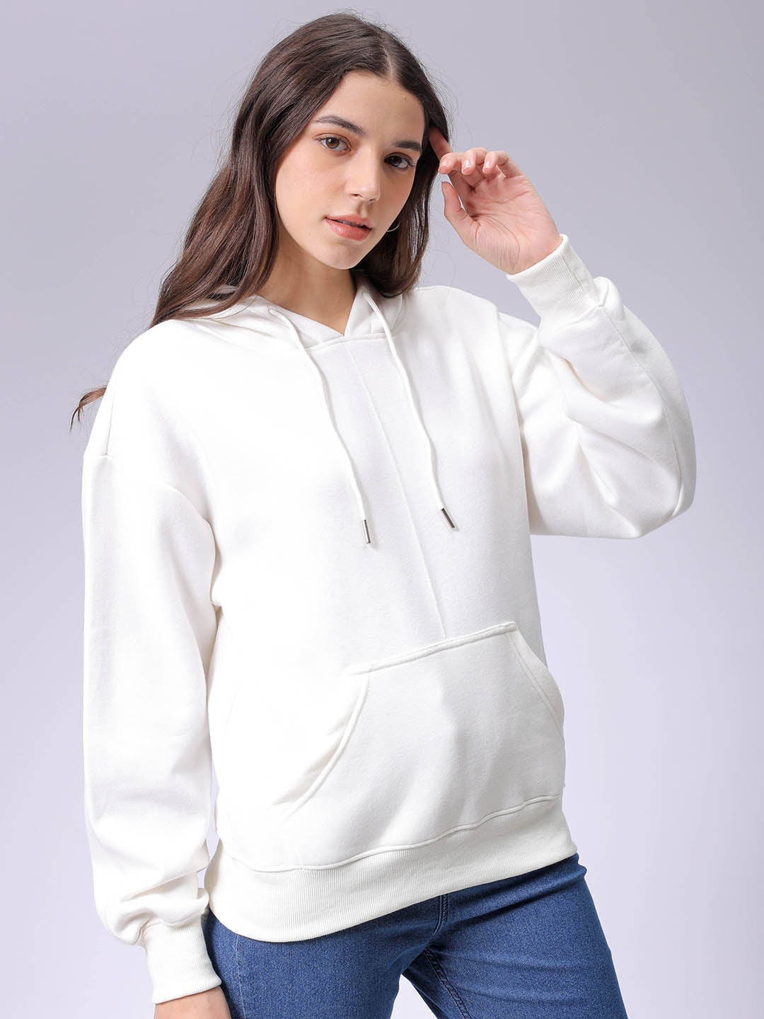 Women's White Boxy Fit Graphic Hooded Sweatshirt