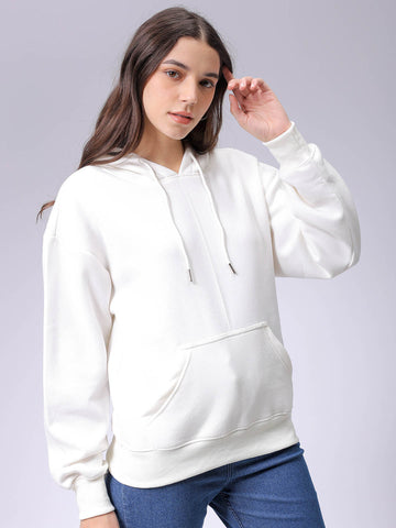 Women's White Boxy Fit Graphic Hooded Sweatshirt