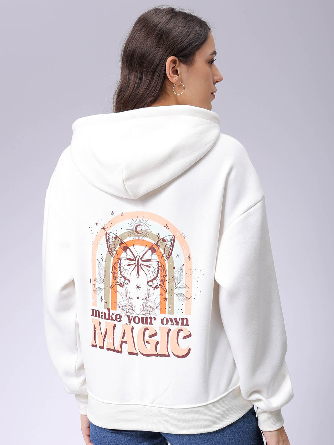 Women's White Boxy Fit Graphic Hooded Sweatshirt