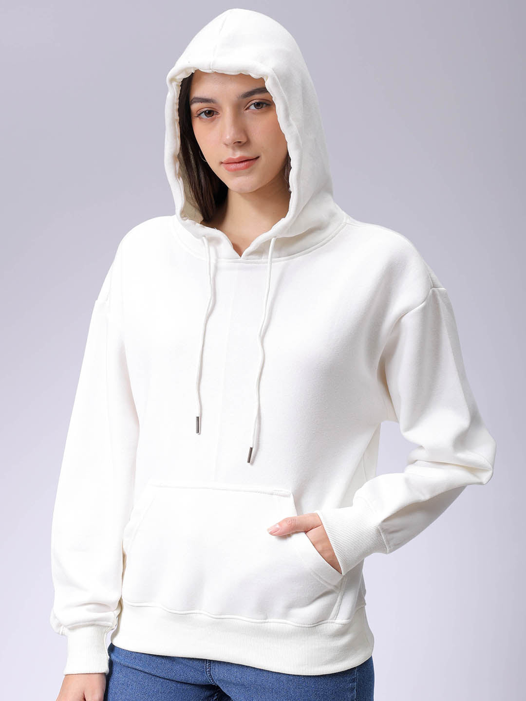 Women's White Boxy Fit Graphic Hooded Sweatshirt