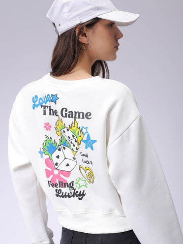 Women's White Regular Fit Graphic Crewneck Sweatshirt