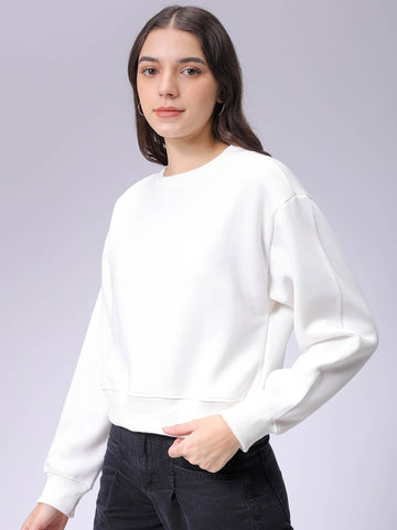 Women's White Regular Fit Graphic Crewneck Sweatshirt