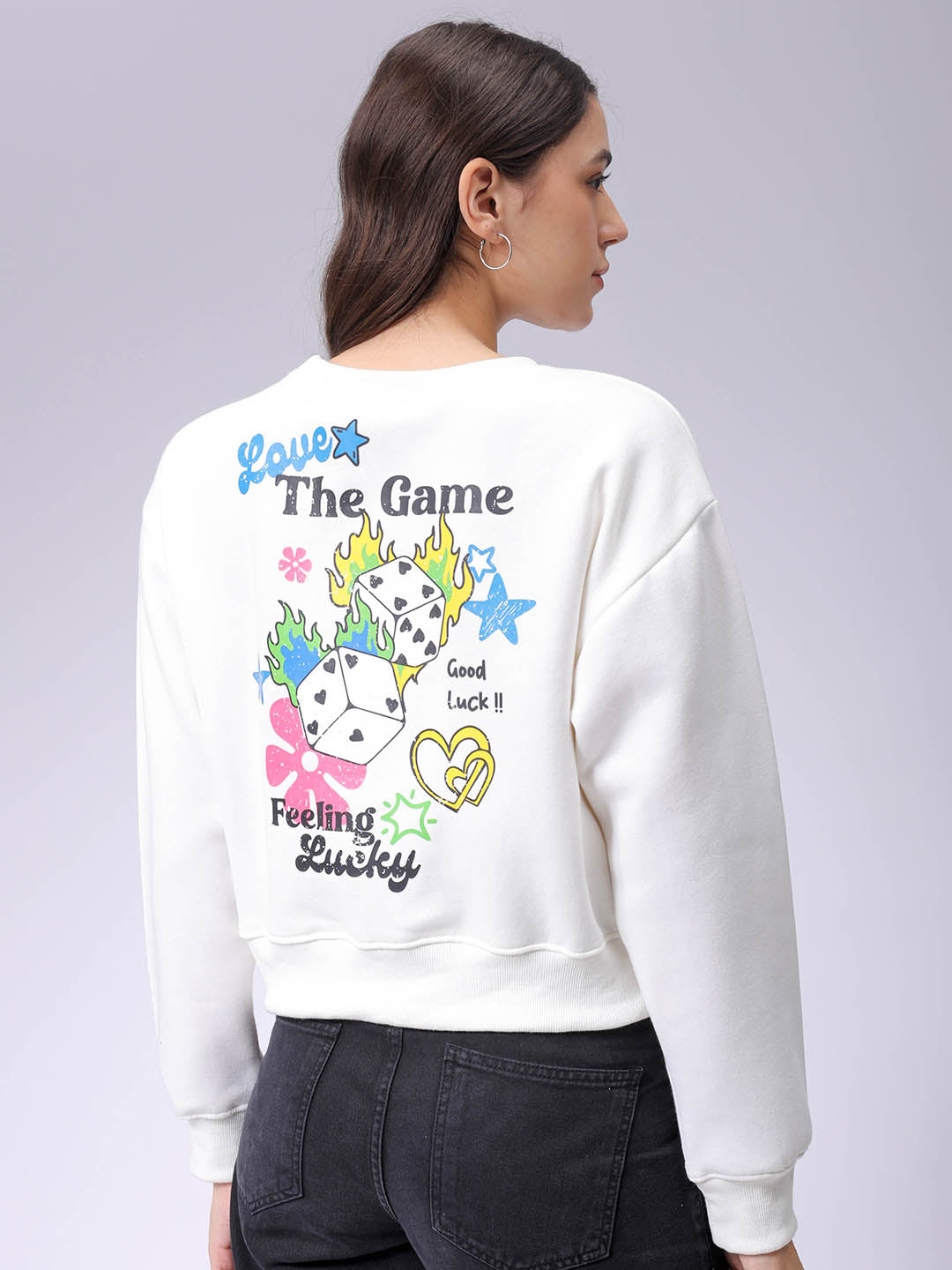 Women's White Regular Fit Graphic Crewneck Sweatshirt