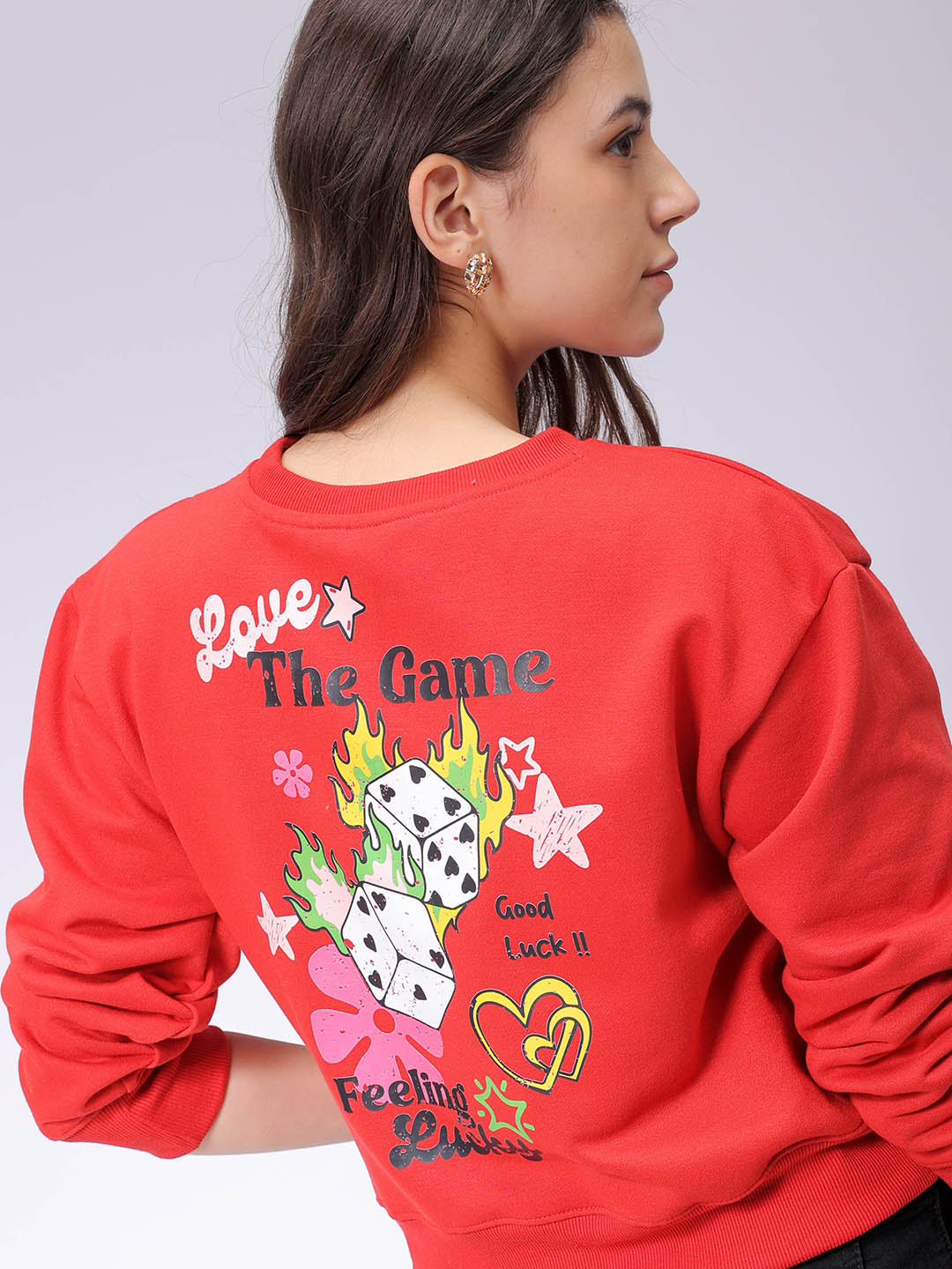 Women's Red Regular Fit Graphic Crewneck Sweatshirt