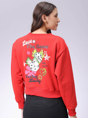 Women's Red Regular Fit Graphic Crewneck Sweatshirt