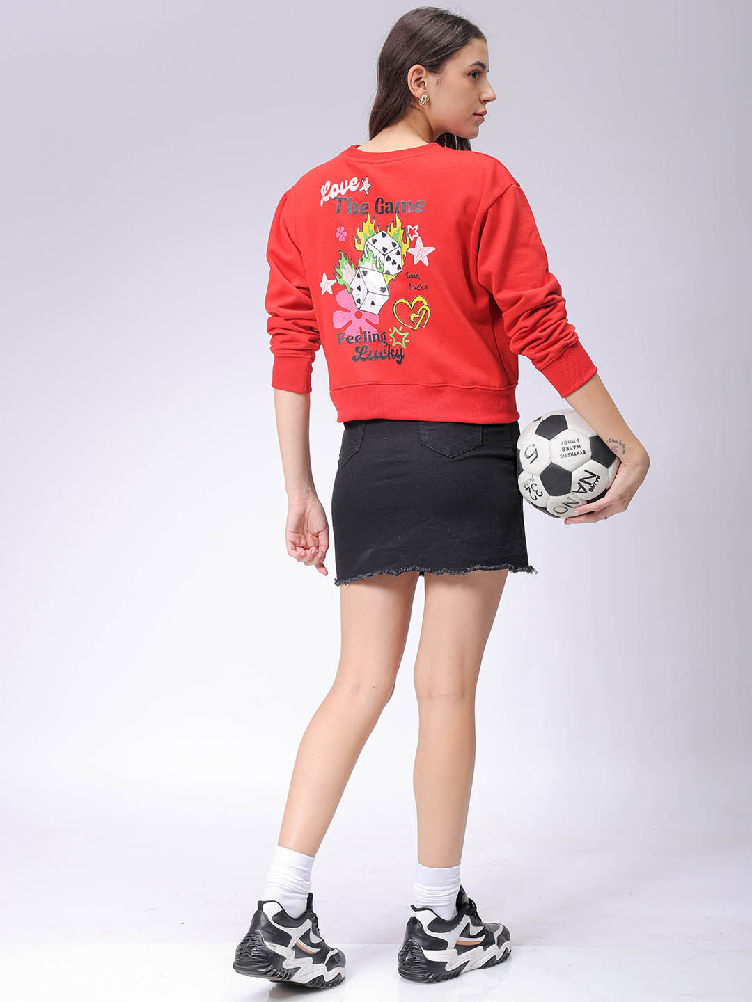 Women's Red Regular Fit Graphic Crewneck Sweatshirt