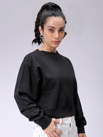 Women's Black Regular Fit Backprinted Crewneck Sweatshirt