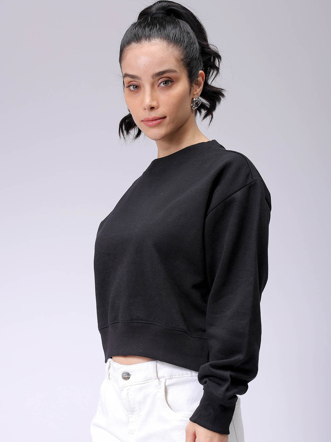 Women's Black Regular Fit Backprinted Crewneck Sweatshirt