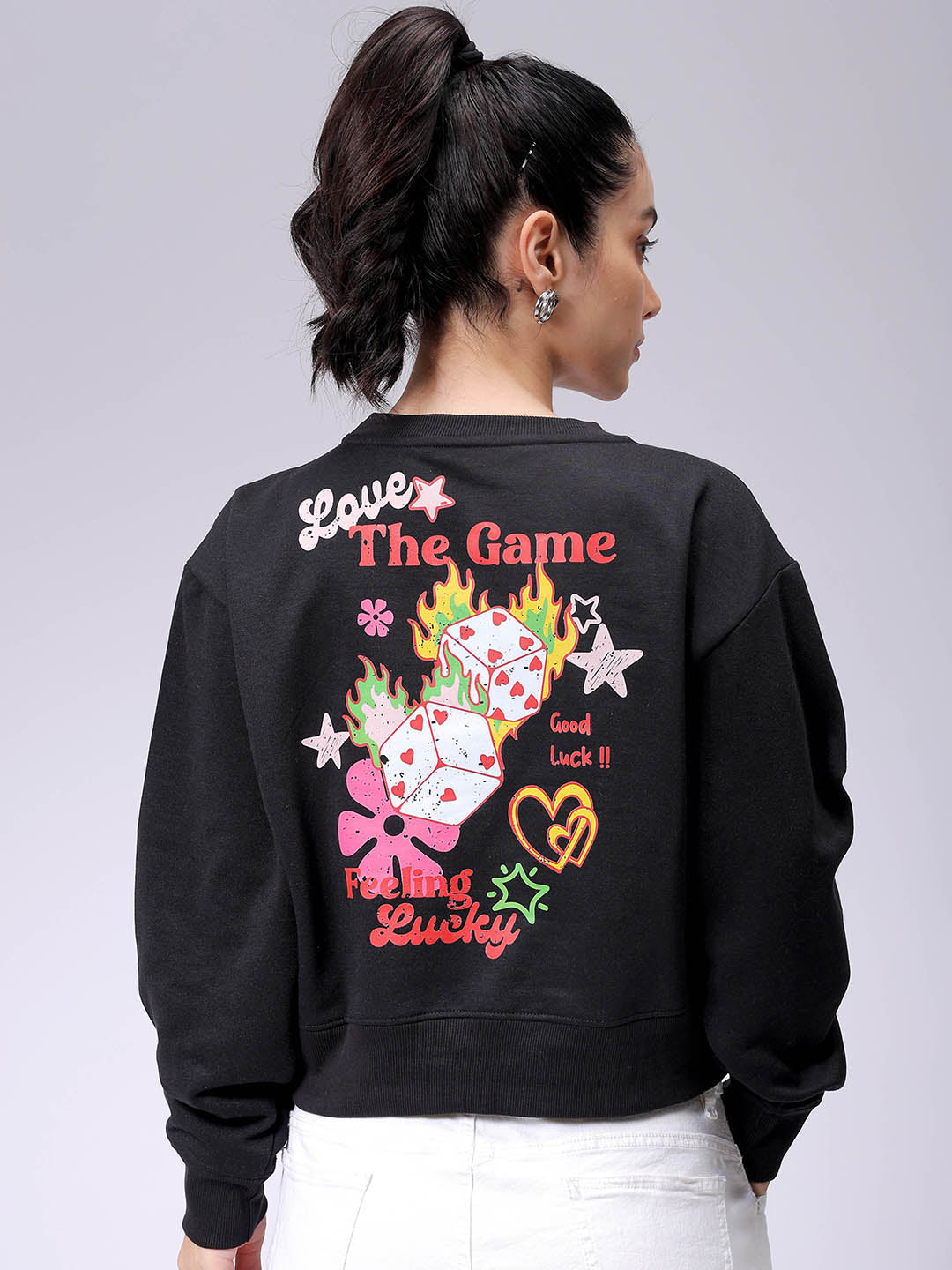 Women's Black Regular Fit Backprinted Crewneck Sweatshirt