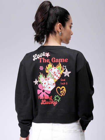 Women's Black Regular Fit Backprinted Crewneck Sweatshirt