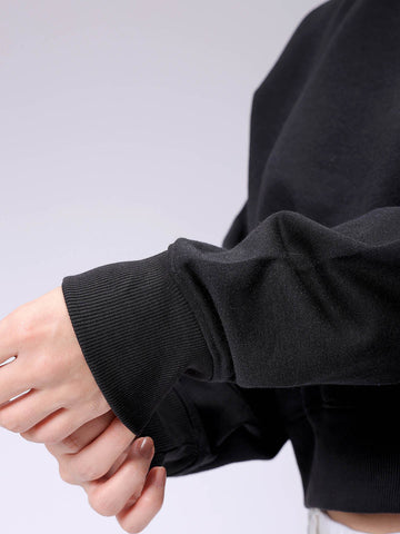 Women's Black Regular Fit Backprinted Crewneck Sweatshirt