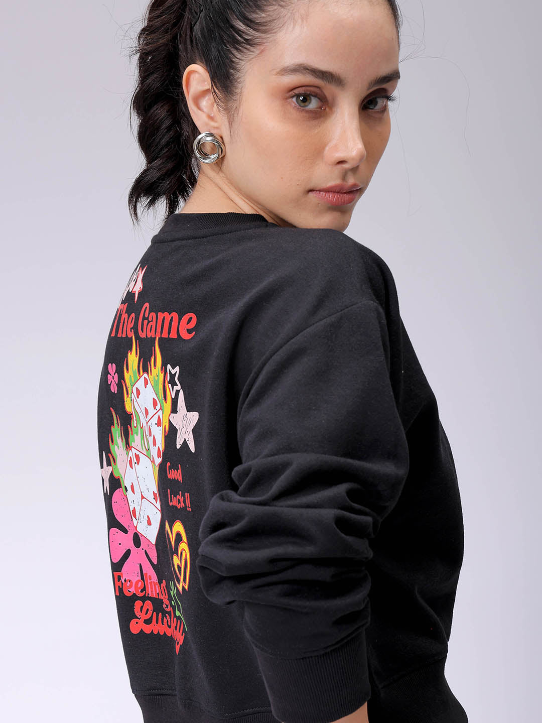 Women's Black Regular Fit Backprinted Crewneck Sweatshirt