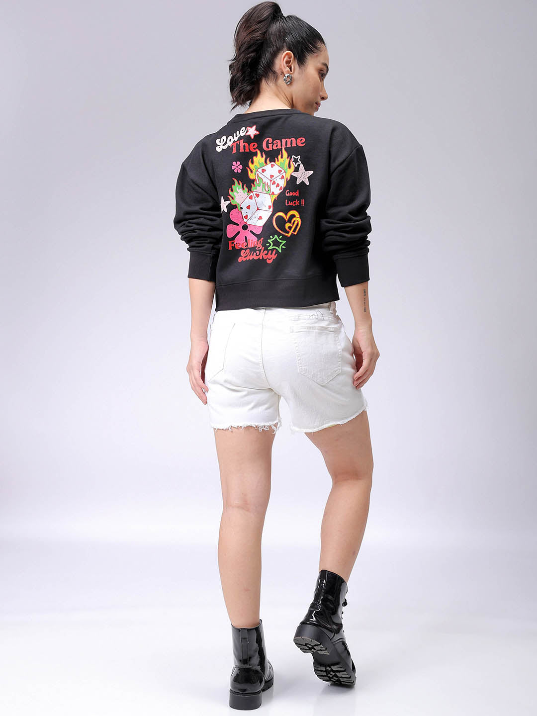 Women's Black Regular Fit Backprinted Crewneck Sweatshirt