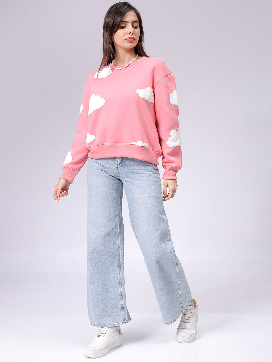 Women's Pink Relaxed Fit Graphic Crewneck Sweatshirt